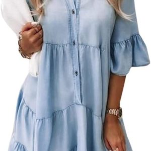 Women Denim Dresses Casual V Neck Ruffle Short Sleeve Jean Dress Summer Babydoll Dress 2024