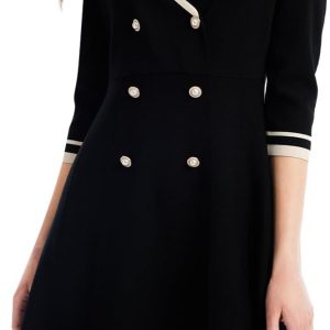 Blue Mini Sweater Dress for Women, Button up 3/4 Sleeve Knit Dresses for Teacher Work Business