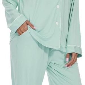 Womens Bamboo Pajama Set Long Sleeve Button Down, Soft Pj Pants with Pockets, Lightweight Sleepwear Loungewear