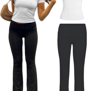 Women’s 2 Piece Yoga Set Soft Short Sleeve Top Flare Leggings Comfortable Stretchy for Casual Active Wear