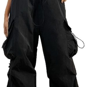Women Cargo Pants Trendy Parachute Pants Elastic Waist Hiking Pants Lightweight Waterproof Baggy Joggers with Pockets