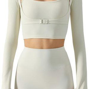 Women’s Stretch Cutout Yoga Sports Jacket Long Sleeve Crop Top T Shirts with Thumb Holes