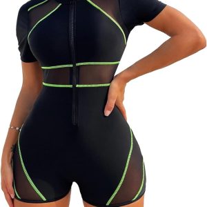 Women’s Colorblock Mesh Zipper Diving Suit One Piece Swimsuit Short Sleeve Bathing Suit