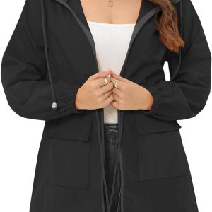 Rain Jacket for Women Waterproof with Hood Active Outdoor Long Rain Coats Packable Raincoat Lightweight Windbreaker