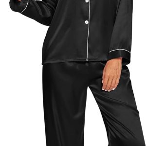 Silk Satin Pajamas Set for Women 2 Piece Soft Long Sleeve Tops & Bottoms Sleepwear Pj Lounge Set S-XXL