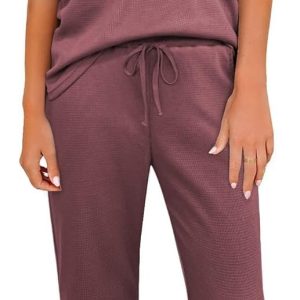Womens Pajama Sets Waffle Knit Short Sleeve Shirt with Long Pajama Pants Soft Sleepwear Pj Lounge Sets