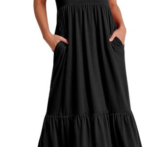 ANRABESS Women’s Summer Casual Sleeveless V Neck Swing Dress Fit & Flare Flowy Tiered Maxi Beach Sundress with Pockets