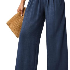 JASAMBAC Women’s Capri Linen Wide Leg Pants Summer Boho Wide Leg Pants Smocked High-Rise Waist Casual Beach Pants with Pocket