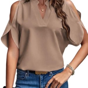 Women’s Cold Shoulder Tops Summer Fashion Short Sleeve V Neck Casual Loose Solid Color Blouse Shirts