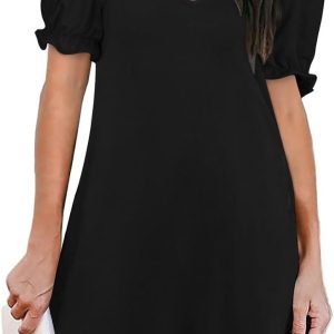 Women’s Casual Dresses Puff Short Sleeve V-Neck Cocktail Dress with Pockets