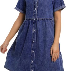 Denim Dress for Women Short Sleeve Button Down Summer Babydoll Casual Jean Dress Tunic Top
