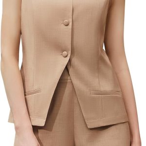 Women’s Summer 2 Piece Outfits Sleeveless Round Neck Button Down High Waisted Pants 2024 Business Work Sets