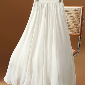 Solid Color Elastic Wais Skirt, Elegant Midi A-line Skirt For Spring & Summer, Women’s Clothing